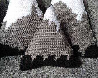 snowy mountain range pillow set decoration handmade crochet fibre art display theme adventure