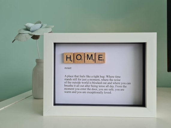 Scrabble Tile Home Quote Frame, New Home Gift, wall art, Housewarming, home, artwork