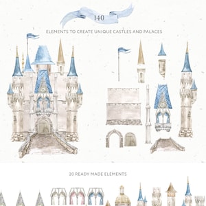 Aquarel Castle & Palace Creator-set. Fairy Kingdom voor bruiloft uitnodiging ontwerp, kunst aan de muur decor, afdrukbare poster. Roze, blauwe torens