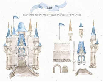 Watercolor Castle & Palace Creator Set. Fairy Kingdom for Wedding invitation design, wall art decor, printable poster. Pink, Blue Towers