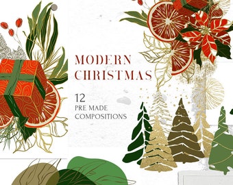Modern Christmas clipart set: winter abstract 12 pre made compositions festive graphics red, green, gold decor PNG