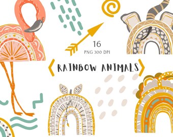 Boho Rainbow Baby Animals clipart set. African Elephant, Lion, Cheetah, Zebra, Flamingo, Giraffe PNG. Neutral Baby Shower Invite clip art
