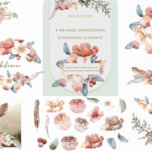 May include: A set of watercolor illustrations featuring floral bouquets, individual flowers, leaves, feathers, and berries in shades of pink, white, and brown. The illustrations are arranged in a bohemian style and include the words "bohemian" and "love".