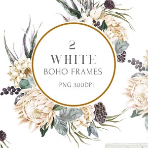 May include: Two white circular frames with a floral design featuring white proteas, eucalyptus leaves, and small white flowers. The frames are shown on a white background with text that says "2 White Boho Frames PNG 300DPI" and "Easy to Create". The frames are also shown on a phone screen with the text "New Post" and on a light green background with the text "Invitation". The frames are also shown on a white banner with the text "Banner".