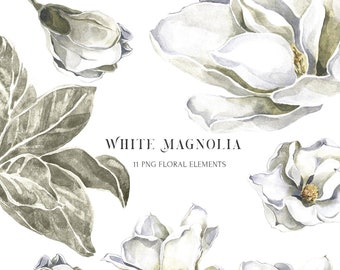 White Magnolia clipart set. Neutral flowers and leaves clip art Hand Painted Boho Floral Watercolor kit for Wedding Invitation decor, 11 PNG