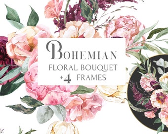 Boho Floral Frames clipart Set - Burgundy, blush Watercolor Bohemian bouquet, Fall Wedding invitation - Pink flowers - Peony, Rose PNG