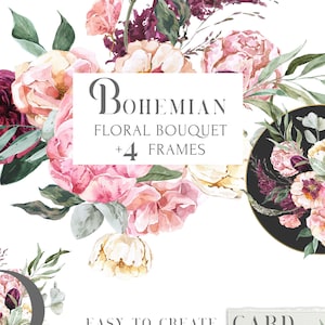 Könnte beinhalten: Aquarell-Blumenstrauß-Design mit dem Text "Bohemian Floral Bouquet + 4 Frames". Das Design umfasst rosa, burgunderfarbene und cremefarbene Blumen mit grünem Laub. Das Bild enthält auch ein Logo, eine Einladung, eine Karte und ein Banner.