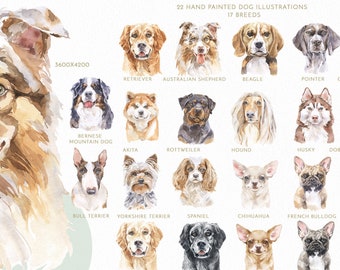 17 Dog Breeds Watercolor clipart set. Dog lovers gift Instant Download. Pet Personalized Portrait PNG Large size.
