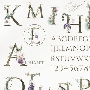 Goldfolie Alphabet Zahlen Clipart. Boho Flieder Blumengesteck Monogramm Hochzeit PNG. Pastell elfenbein, weiße Iris Blume Einladungskarte