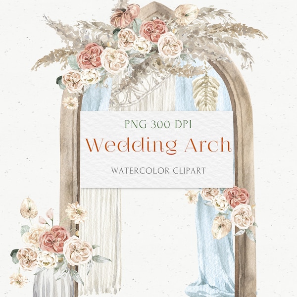 Boho Wedding Arch clipart. Watercolor Rustic Ceremony frame PNG: Macrame, Pampas Grass, Oriental decor, lanterns, bulbs, garlands