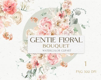 Spring Floral Bouquet Watercolor for Wreath Frame, Summer Boho Wedding clipart. Pink blush White flowers, Greenery. Invitation design PNG