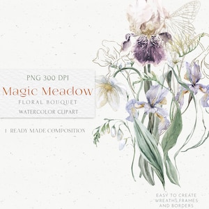 Clipart de arranjo floral. Buquê de casamento em aquarela Boho, borboleta dourada. Design de logotipo de cartão de convite de flor de íris de jardim selvagem branco lilás