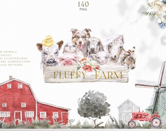 Farm Baby Animals, farmhouses, flowers Watercolor clipart set. Baby shower, Boho Wedding Floral Wreaths, frames, prints. Cute pet portrait