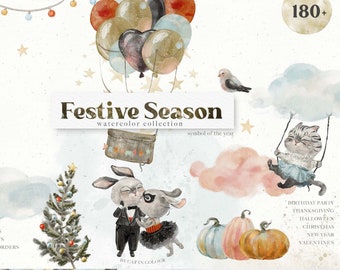 Festive Balloons, Bunny Rabbits, Cats Character Creator Watercolor Kids Clipart for Christmas, New Year, Valentine's Day, Birthday Party PNG