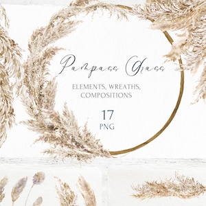 Pampas Grass clipart set. Boho Watercolor Wreaths Bohemian Wedding Invitation frame clip art, Dried leaves composition Neutral decor PNG