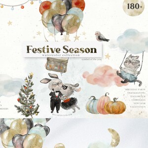 May include: Watercolour illustrations of rabbits, kittens, and other festive elements, including a Christmas tree, pumpkins, and a hot air balloon. The illustrations are in a whimsical style and are perfect for adding a touch of charm to your holiday projects.