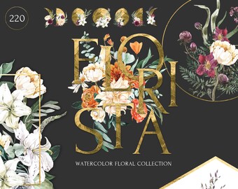 Huge Floral Watercolor Collection. Dusty Greenery, Burgundy, White Boho wild flowers clipart. Bohemian Wedding frames, Bouquets, wreaths PNG