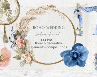 Boho Wedding Watercolor set clipart Tropical Ceremony decor, Wood frame, Arch, Pampas Grass, Eucalyptus, Peach Orchid flower, dry Greenery