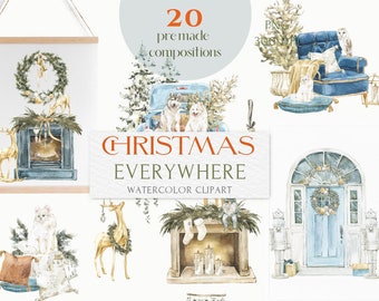 Modern Christmas Home Pets, Festive Decor Watercolor Clipart Set. Winter wreath frames PNG for cards, prints, calendar, wedding invitations