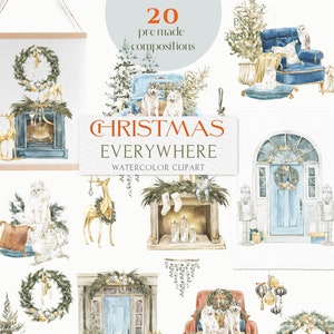 May include: A set of 20 watercolor clipart illustrations featuring a Christmas theme. The illustrations include a fireplace, a door, a Christmas tree, a truck, a wreath, a gnome, a reindeer, and dogs. The illustrations are in a light blue, white, and brown color scheme.