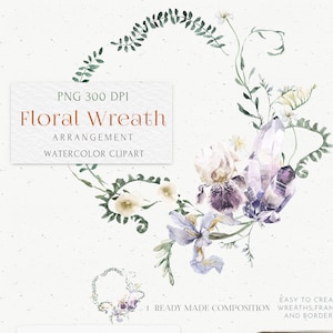 Guirlanda floral Boho em clipart. Moldura de aquarela para casamento com cristal, marfim, lilás, íris selvagem branca e design de logotipo para convite com flores de anêmona.