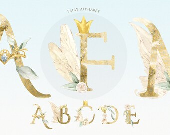 Gold foil Alphabet clipart with Royal Fairy Wings, White Floral arrangement. Monogram wedding PNG. Cream rose flower invitation, logo design