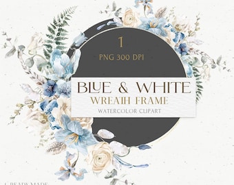 Boho Blue White Floral Wreath Gold Frame clipart. Watercolor Winter Bouquet for Bohemian Wedding. Silver Eucalyptus Arrangement logo PNG