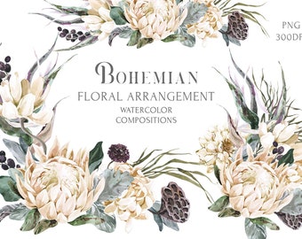 Tropical Boho White Protea Floral Frame clipart Set. Watercolor Bohemian Wedding Corner Border. Winter flower Dahlia dried Lotus bouquet PNG