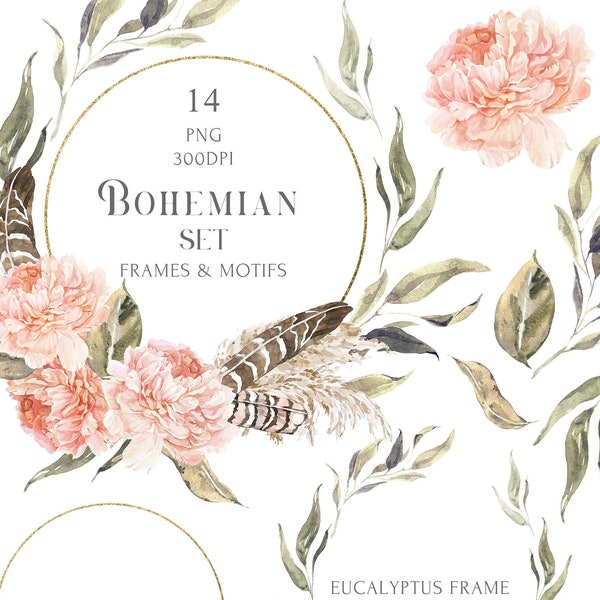 Watercolor Bohemian clipart set - Round Gold Floral Frame Boho Wedding Wreath PNG Peach Peony Pampas Grass Feathers and Eucalyptus leaves