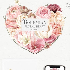 Floral Love heart clipart. Dia dos namorados, casamento Aquarela Boho arranjo PNG. Creme rosa, Peônia branca da primavera, cartão de convite de flor de tulipa