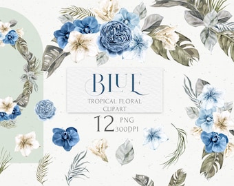 Blue white floral Boho Tropical Wreath arrangement clipart set. Watercolor frame PNG. Palm leaves, Orchid, Rose flower bouquet. Wedding logo