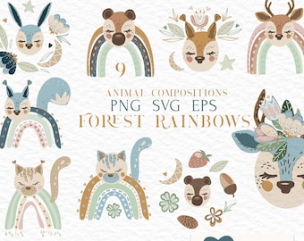 Woodland Animals and Boho Rainbow clipart Set. Vector Forest floral baby shower deer, squirrel, bear, lynx, bunny. Scandinavian Kids poster