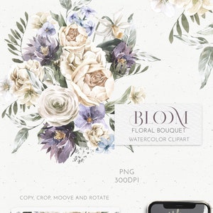 Flieder lila Blumenstrauß Clipart. Sommer Boho Hochzeit Aquarell PNG. Weiß/creme Frühling Pfingstrose, Wildblumen Einladungskarte Logo Design