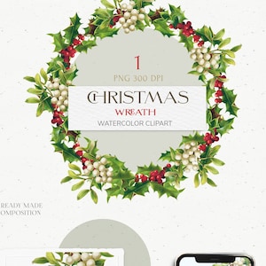 Vintage Christmas clipart Wreath Frame: inverno Clássico festivo Gráficos de decoração retro branco, vermelho, verde. Azevinho, visco 1 PNG tamanho grande