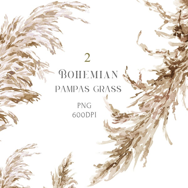 Pampas Grass clipart set. Boho Watercolor Bohemian Wedding Invitation decor clip art Dry leaves Neutral color PNG PDF 600 dpi Commercial use