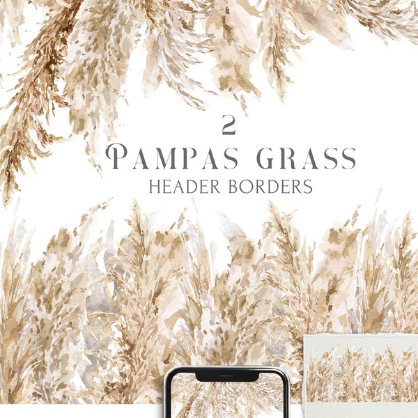 Pampas Grass clipart set. Boho Watercolor Header Border Bohemian Wedding Invitation frame clip art, Dried leaves banner Neutral decor PNG