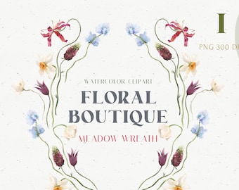 Pastel Floral wreath clipart. Valentine, wedding Watercolor Boho PNG. Purple, White Spring Summer violet flower invitation card logo design