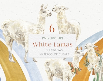 White Lamas, Rainbows, Boho Floral wreath clipart Set. Watercolor Bohemian Wedding decor clip art. Bohemian wedding animals invitation PNG