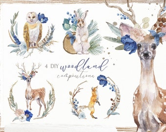 Christmas Gift Poster instant download. Watercolor Woodland animal blue floral clipart for Nursery. Deer, owl, fox, hare png. Winter Wreath