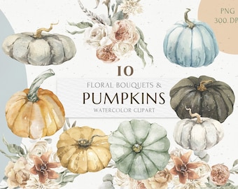 Fall Boho pastel Pumpkins, Autumn Neutral Floral Bouquets clipart Set. Watercolor Bohemian Wedding, Thanksgiving card, Eucalyptus leaves PNG