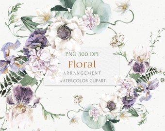 Floral arrangement clipart. Wedding Watercolor Boho bouquet. Ivory Lilac, White wild garden Iris, Anemone flower invitation card logo design