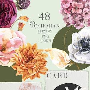 May include: Watercolor illustration featuring a collection of 48 Bohemian flowers. The image includes various floral arrangements, including roses, dahlias, and anemones, with the text "48 Bohemian Flowers PNG 300DPI". Two cards are also shown, one with an orchid and the word "INVITATION", and the other with a daisy and the word "CARD".