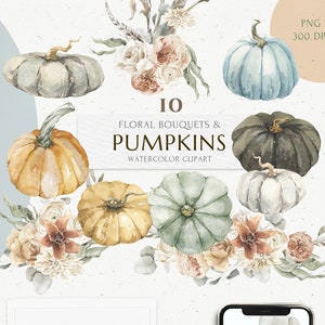 Herfst Boho pastel pompoenen, herfst neutrale bloemenboeketten clipart set. Aquarel boho-bruiloft, Thanksgiving-kaart, eucalyptusbladeren, png