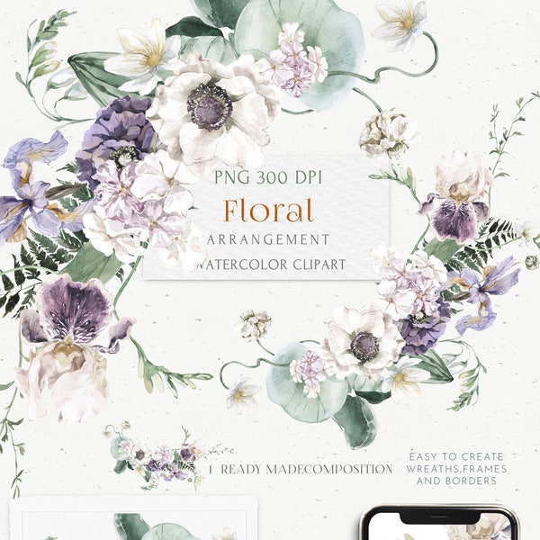 Floral arrangement clipart. Wedding Watercolor Boho bouquet. Ivory Lilac, White wild garden Iris, Anemone flower invitation card logo design