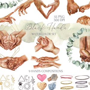 May include: A watercolor set of 9 hand illustrations in black and brown tones. The set includes 46 decorative elements, tattoos, washes, and frames. The elements are in black, gold, brown, pink, and blue. The text in the image reads "Black Hands Watercolor Set" and "9 Hands Compositions" and "46 Decorative Elements, Tattoos, Wash and Frames".