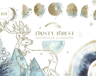 Christmas Floral clipart. Winter Forest Animals Abstract Blue Watercolor set, Woodland Boho Wedding Deer, owl, fox png Wreath, frame pattern