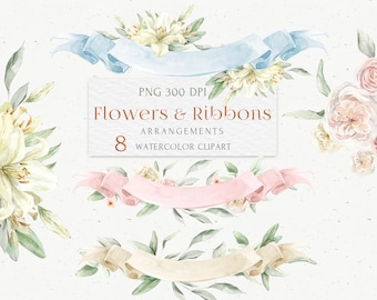 May include: A set of 8 watercolor clipart illustrations featuring flowers and ribbons. The illustrations are perfect for creating wedding invitations, save the dates, and other special occasion stationery. The illustrations include white lilies, pink roses, and green leaves.
