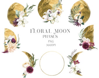 Gold Moon phases set - printable Poster Floral Watercolor Boho celestial Wedding clipart - Burgundy, White flowers - Peony, Rose, Lilly PNG
