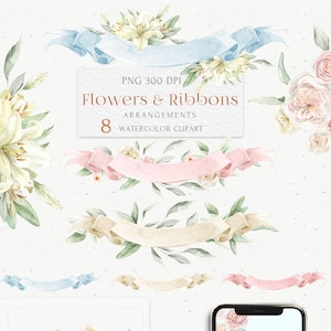 Aquarel lint banner clipart set. Pastelroze bloemenboeket. Bruiloft, babyshower uitnodiging ontwerp, kunst aan de muur decor. Roze, blauw, wit