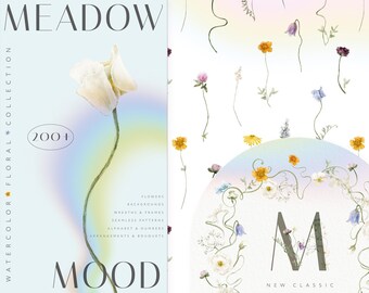 Tiny Meadow Wildflowers Watercolor Clipart Bundle. Rainbows, Boho Floral Wedding frames, Bouquets, border, Wreath, Monogram Alphabet 200 PNG